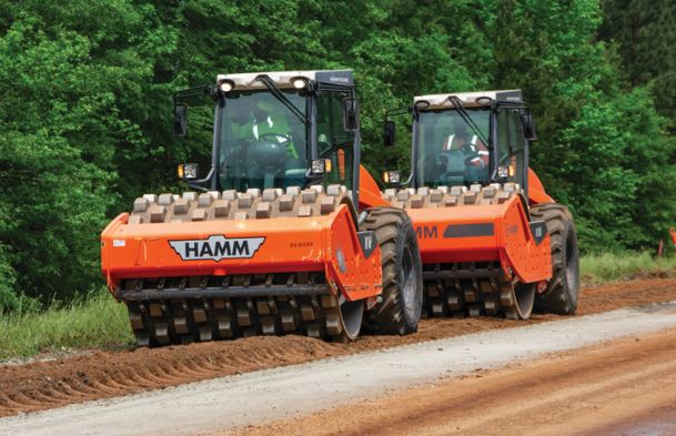 Hamm HD double-drum rollers prepping a road to be resurfaced within foamed bit paving